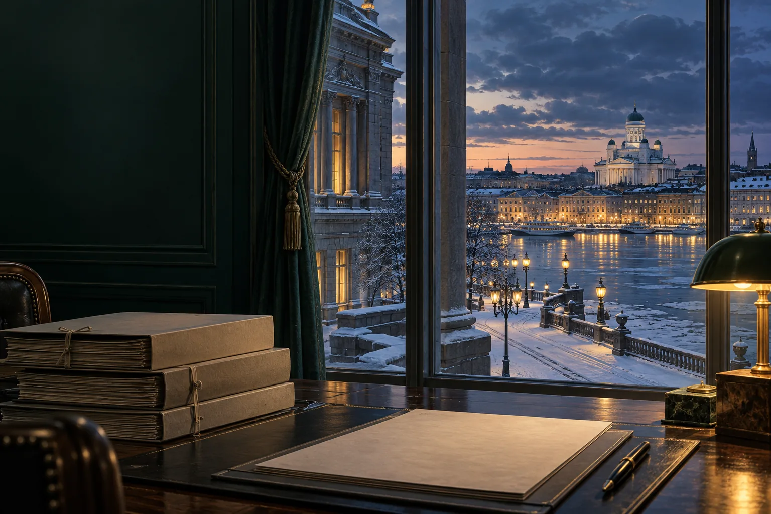 Helsinki winter view with legal documents on a desk