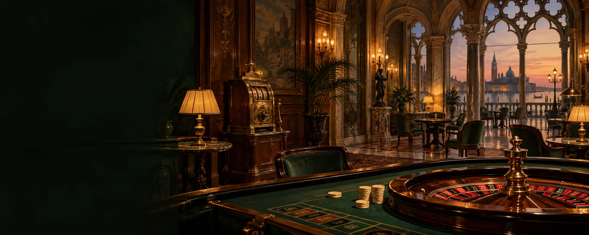 Historic casino room with a roulette table and Venetian window