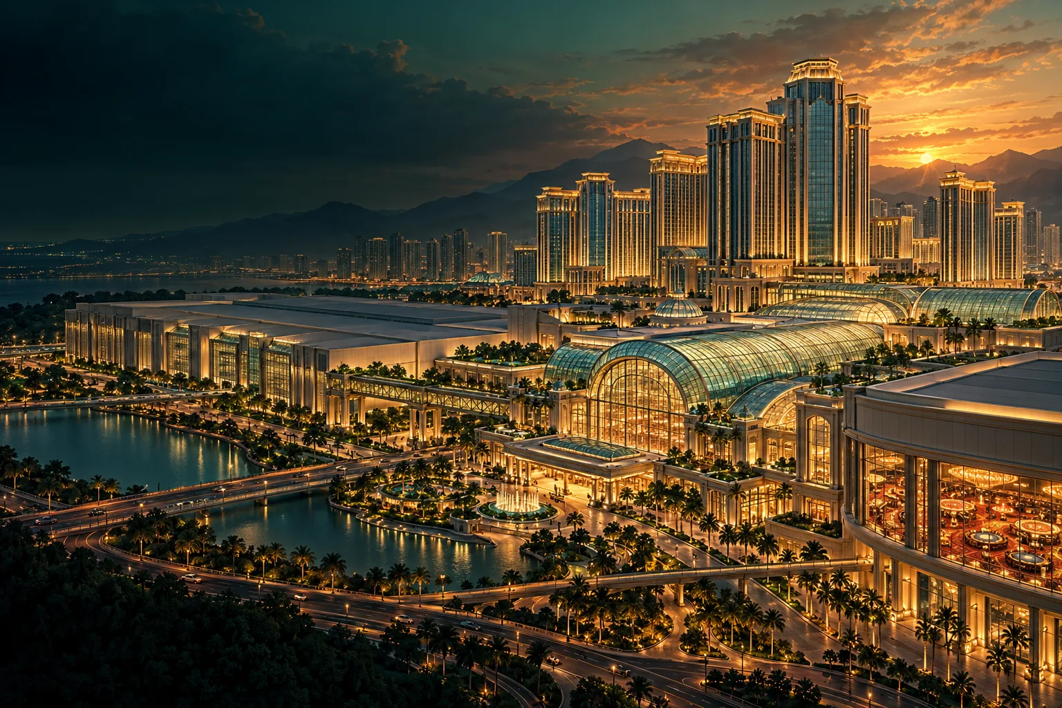 Large integrated resort complex at dusk