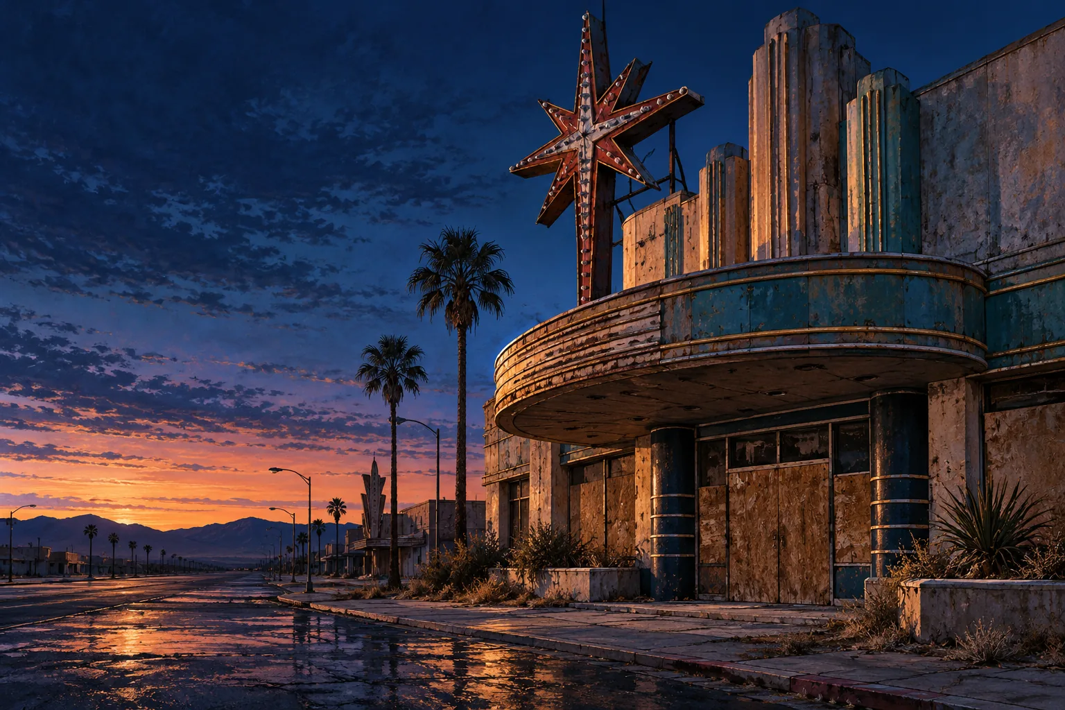 Closed mid-century casino entrance with an unlit neon sign