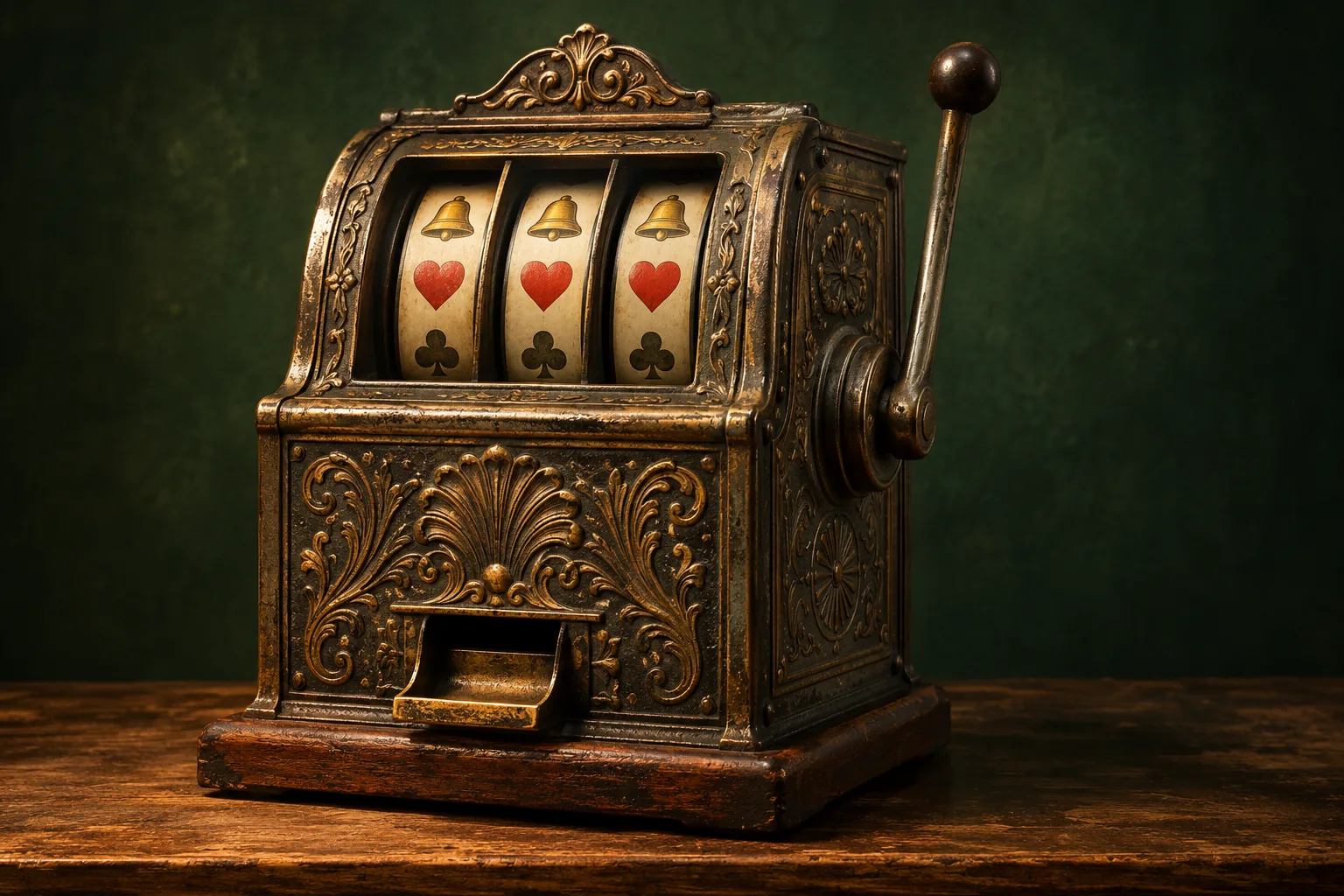 Antique mechanical slot machine with three reels