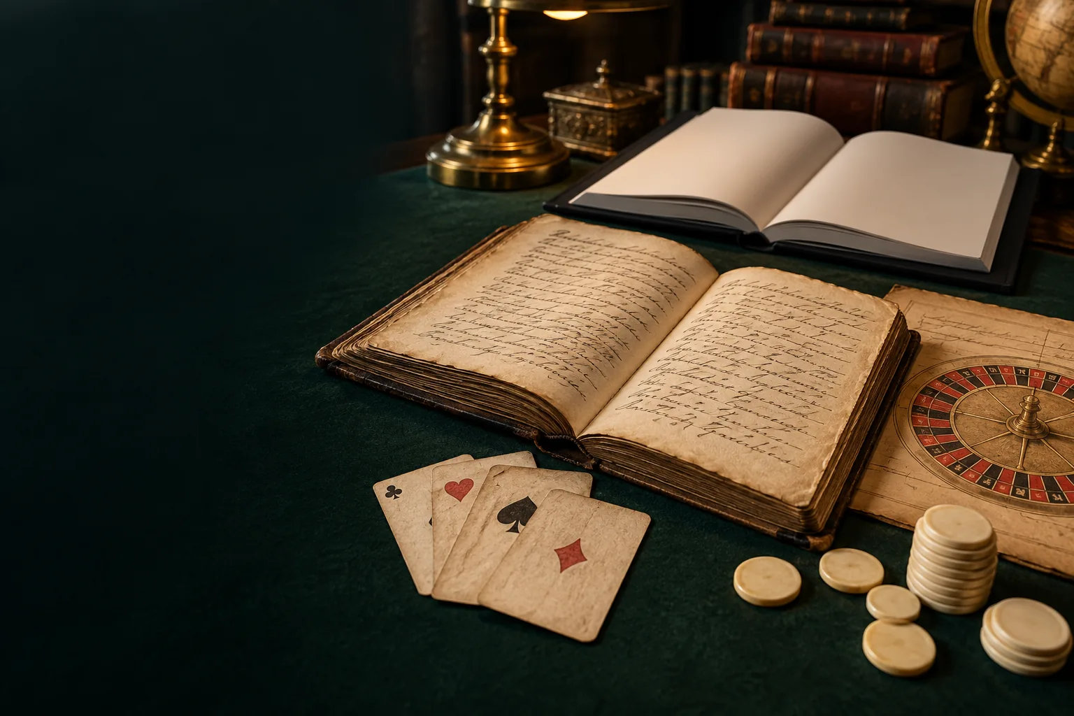 Rule ledger, playing cards and roulette equipment on a table