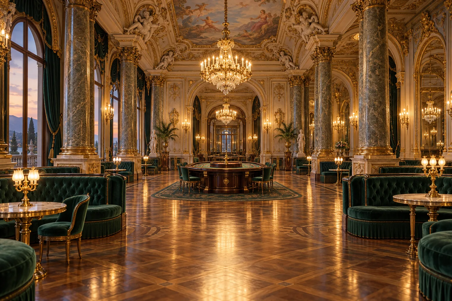 Grand casino salon with chandeliers and ornate architecture