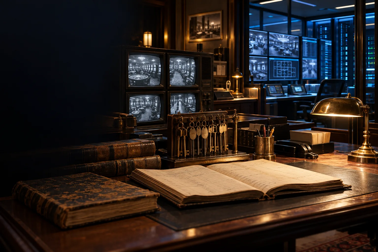 Casino control room with ledgers and surveillance monitors